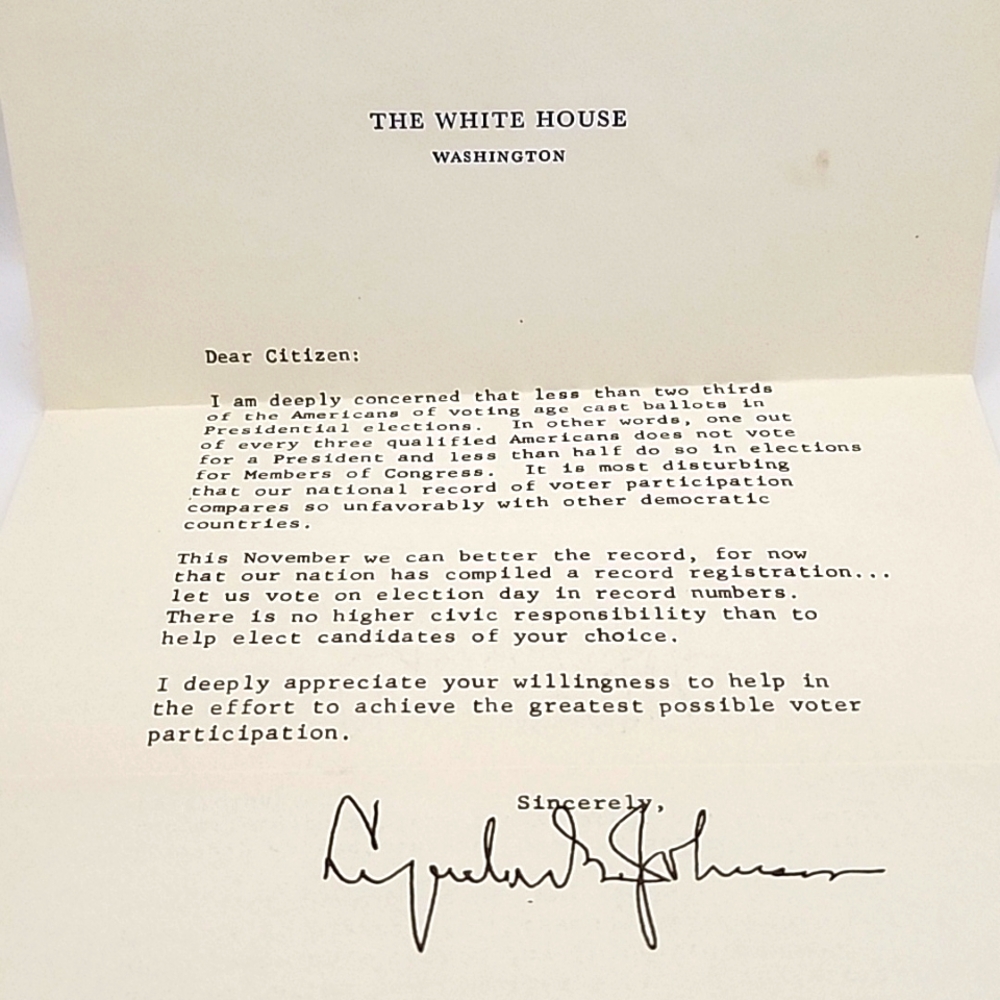 1964 Typed Dear Citizen Letter From The White House Signed By Lyndon B Johnson